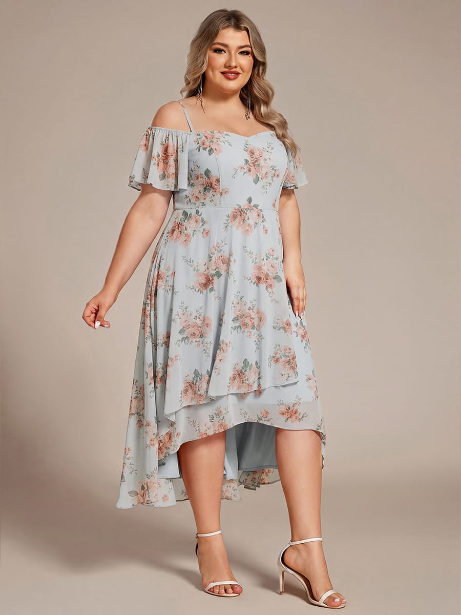 Plus Size One-Shoulder High-Low Chiffon Wedding Guest Dresses with Short Sleeves #color_Amber Bloom