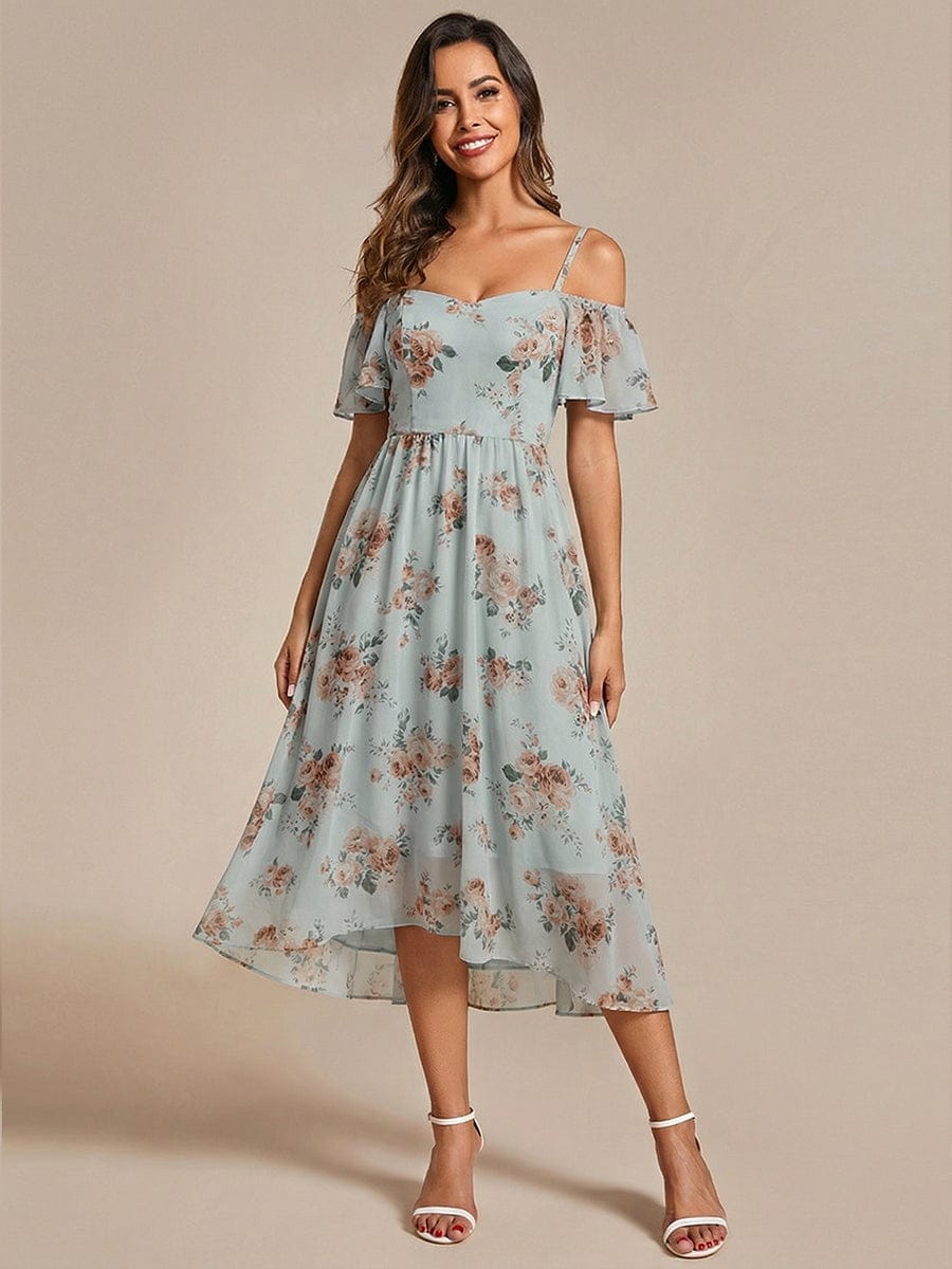 One-Shoulder High-Low Chiffon Wedding Guest Dresses with Short Sleeves #color_Amber Bloom