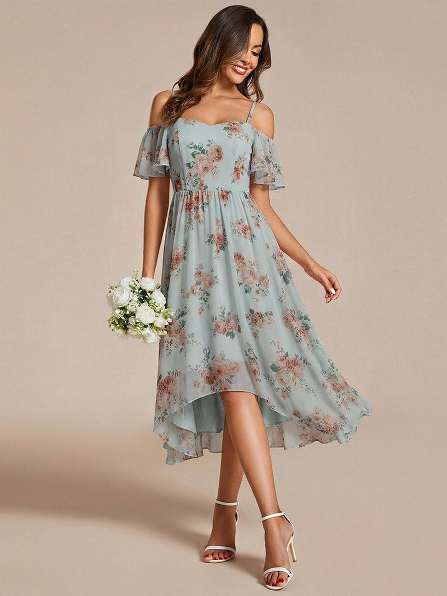 One-Shoulder High-Low Chiffon Wedding Guest Dresses with Short Sleeves #color_Amber Bloom