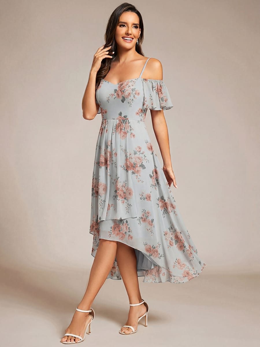 One-Shoulder High-Low Chiffon Wedding Guest Dresses with Short Sleeves #color_Amber Bloom