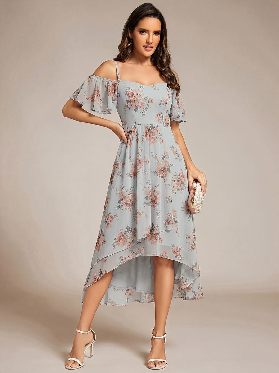 One-Shoulder High-Low Chiffon Wedding Guest Dresses with Short Sleeves #color_Amber Bloom