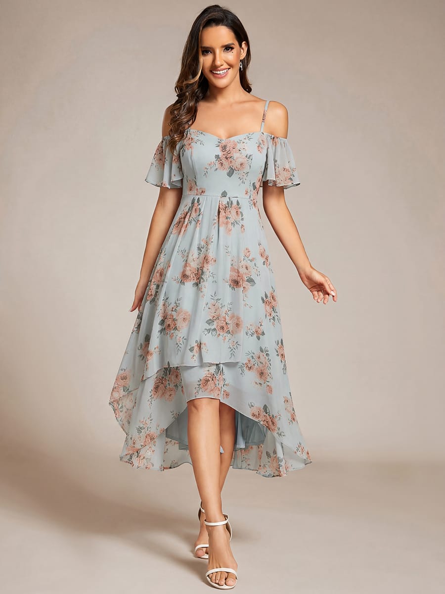 One-Shoulder High-Low Chiffon Wedding Guest Dresses with Short Sleeves #color_Amber Bloom