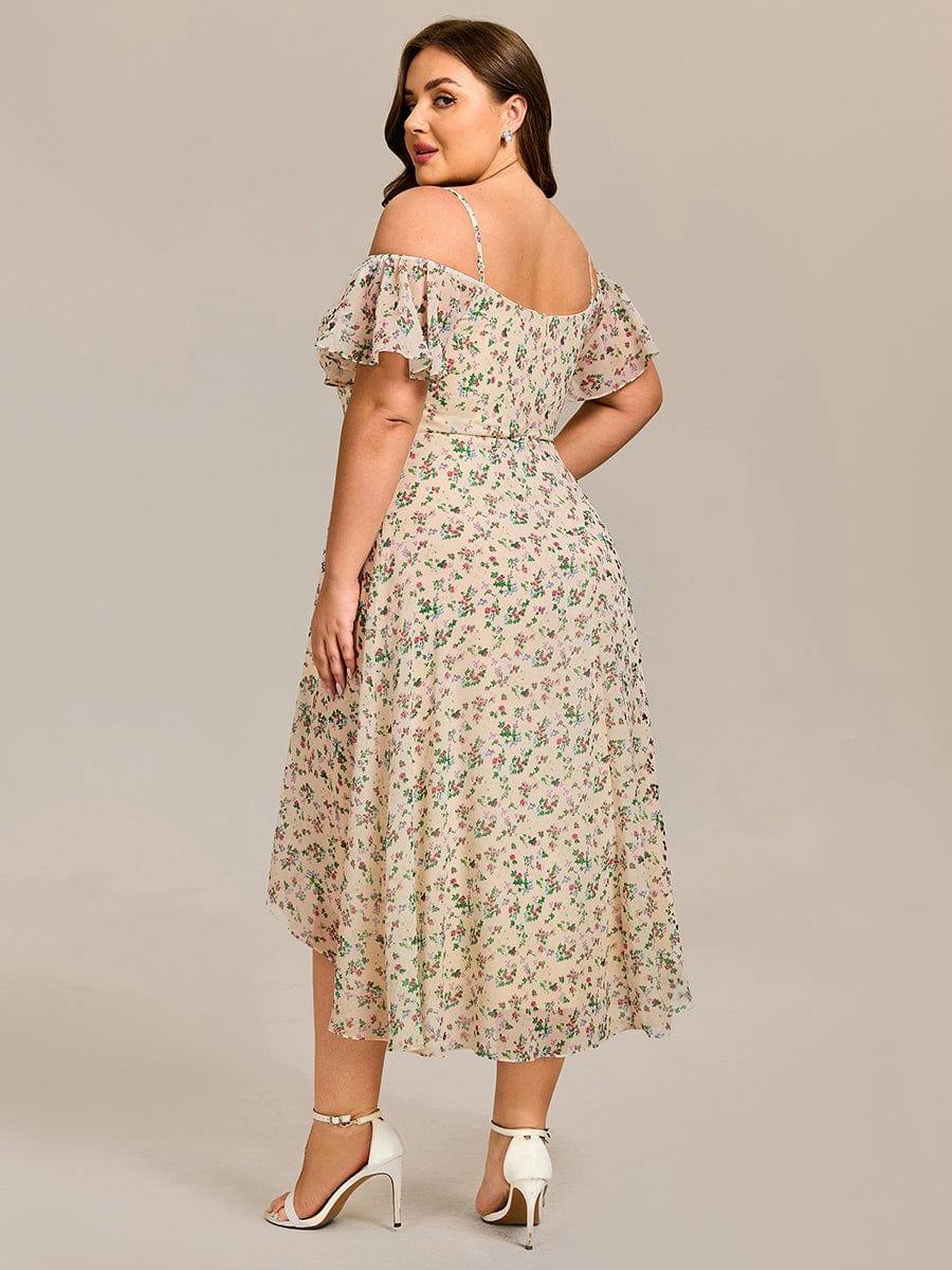 One-Shoulder High-Low Chiffon Bridesmaid Dresses with Short Sleeves #color_Apricot Print