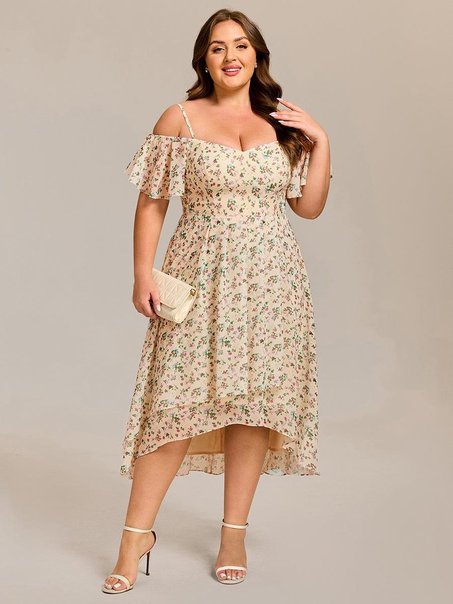 One-Shoulder High-Low Chiffon Bridesmaid Dresses with Short Sleeves #color_Apricot Print