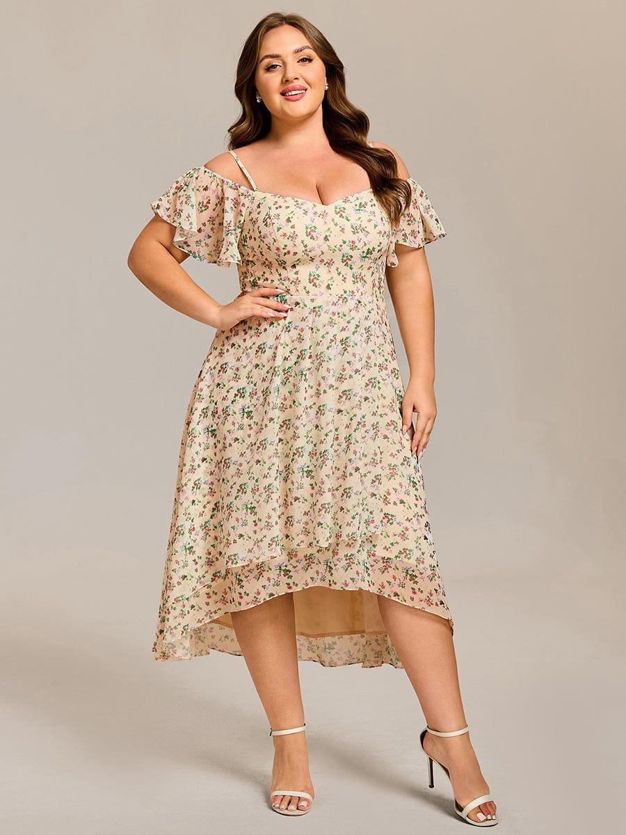 One-Shoulder High-Low Chiffon Bridesmaid Dresses with Short Sleeves #color_Apricot Print