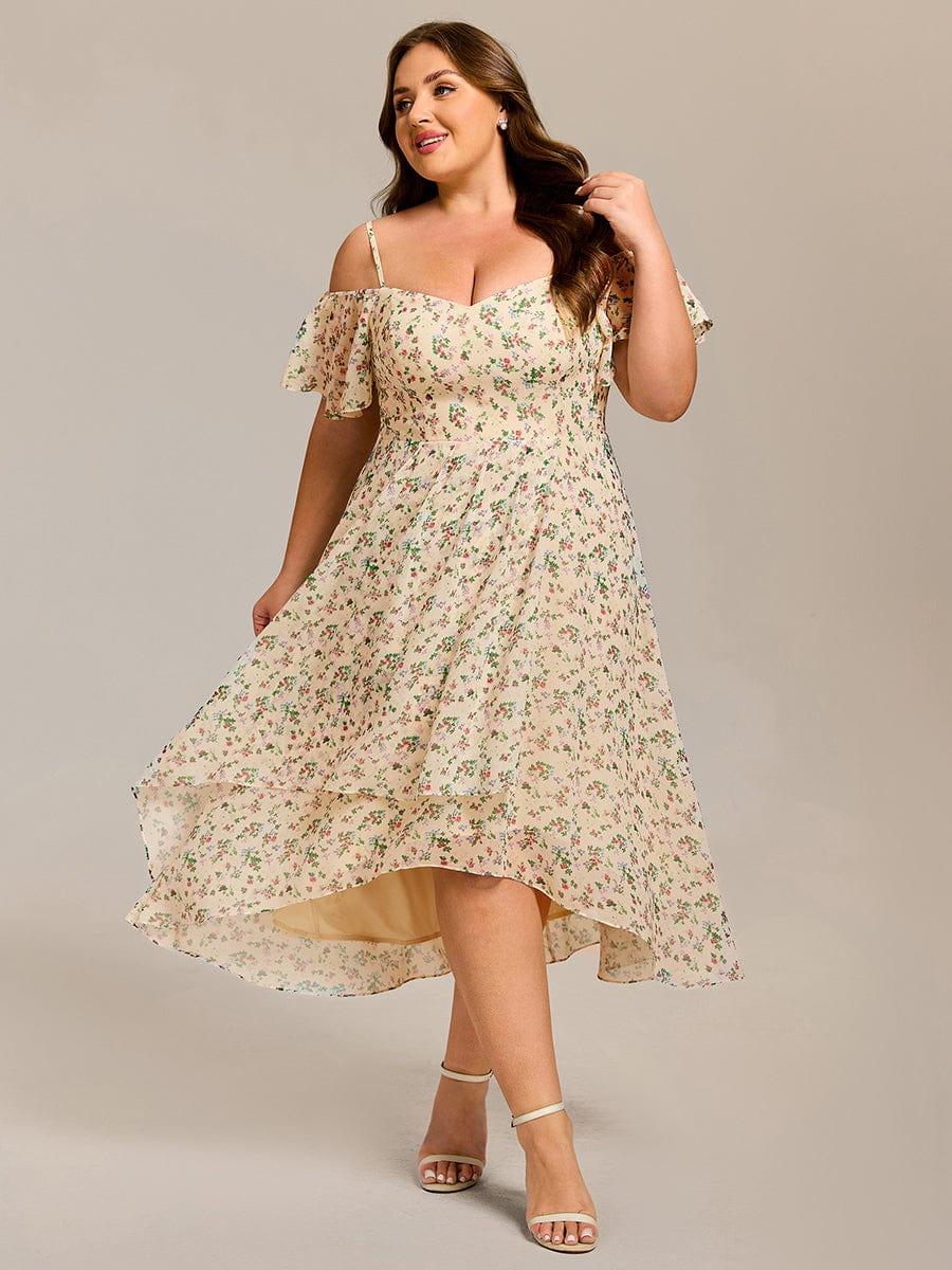 One-Shoulder High-Low Chiffon Bridesmaid Dresses with Short Sleeves #color_Apricot Print