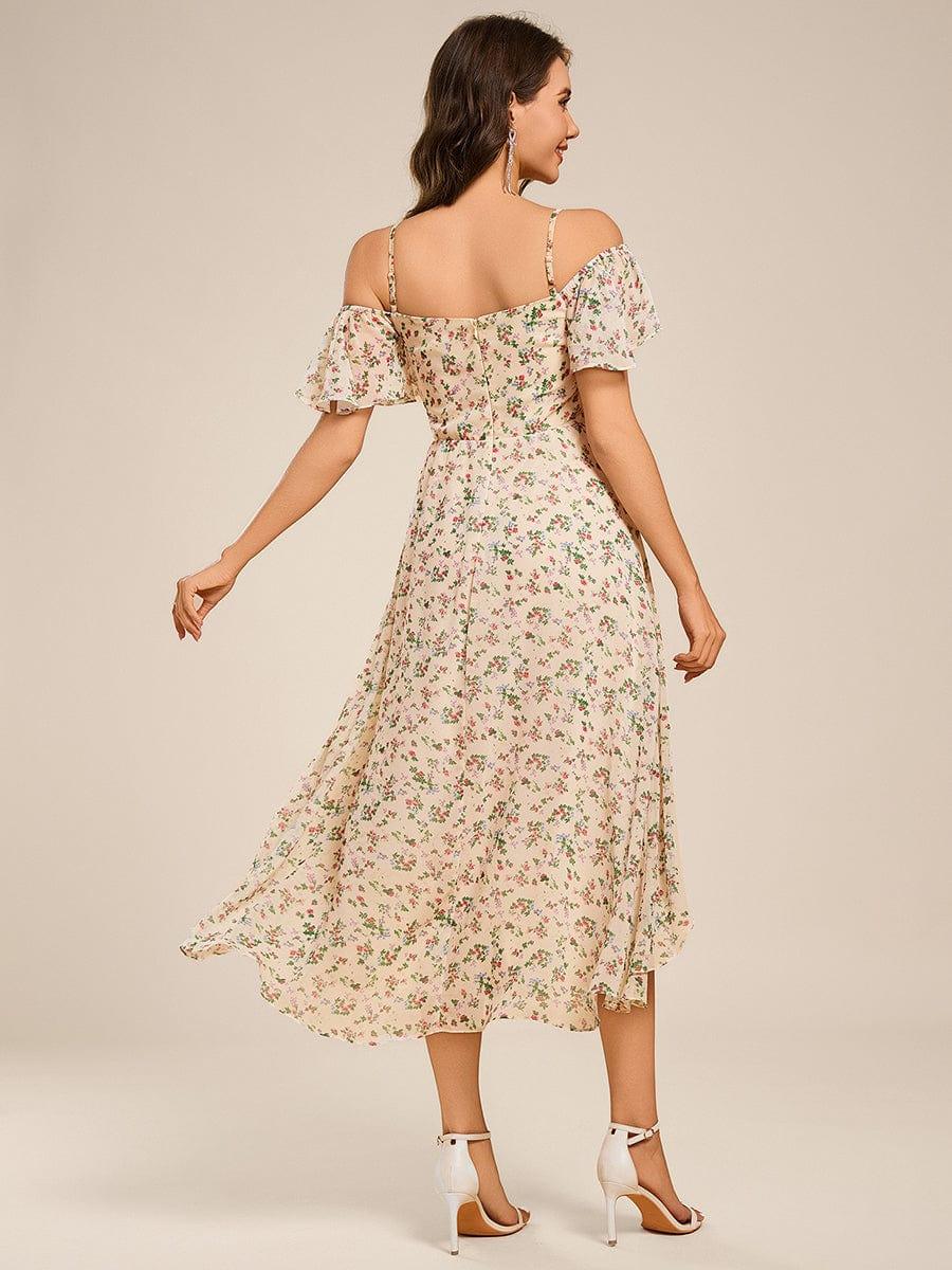 One-Shoulder High-Low Chiffon Bridesmaid Dresses with Short Sleeves #color_Apricot Print