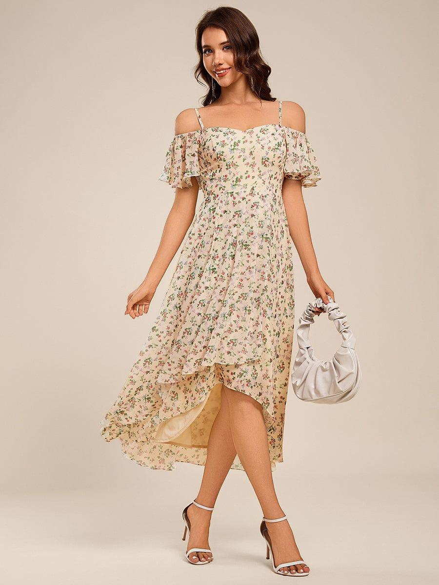 One-Shoulder High-Low Chiffon Bridesmaid Dresses with Short Sleeves #color_Apricot Print