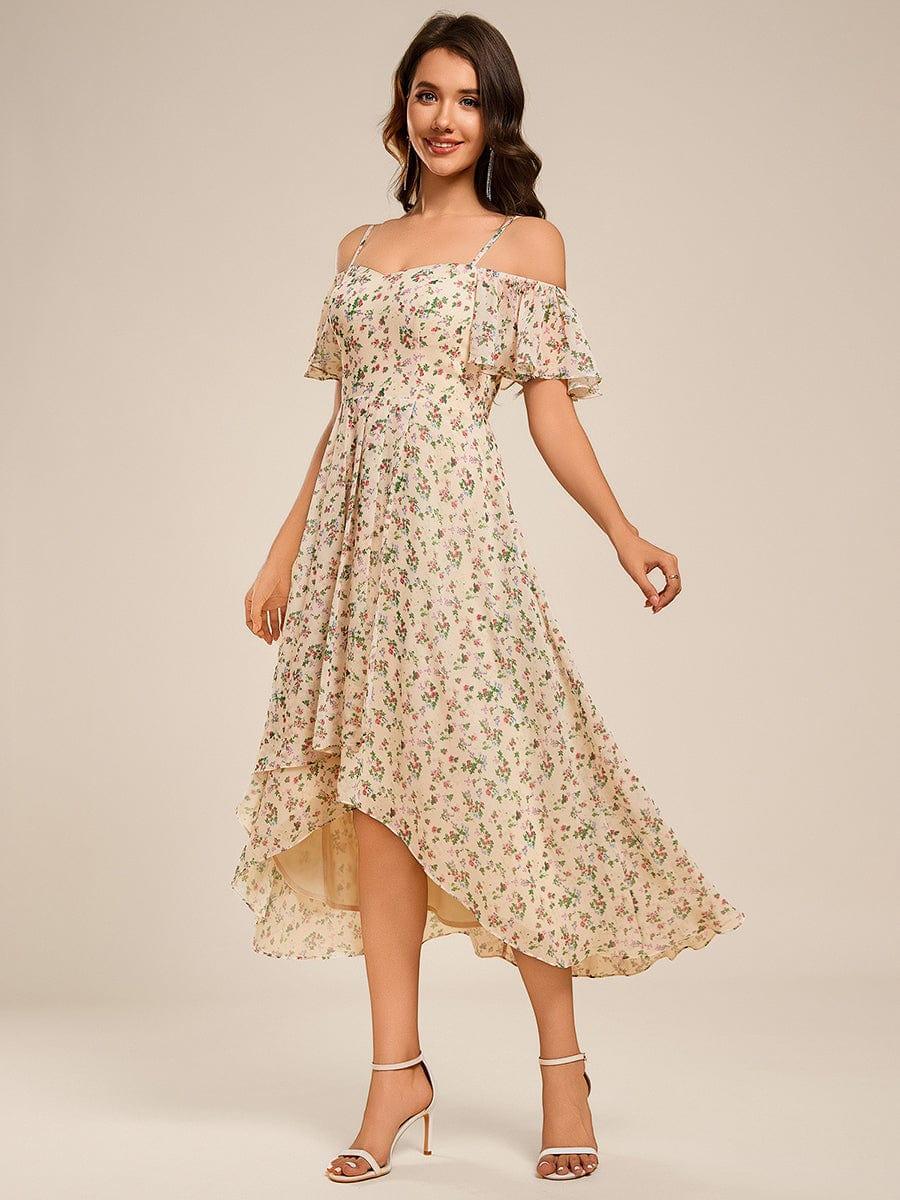 One-Shoulder High-Low Chiffon Bridesmaid Dresses with Short Sleeves #color_Apricot Print
