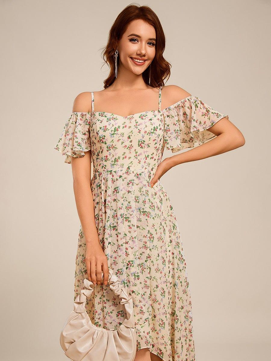 One-Shoulder High-Low Chiffon Bridesmaid Dresses with Short Sleeves #color_Apricot Print