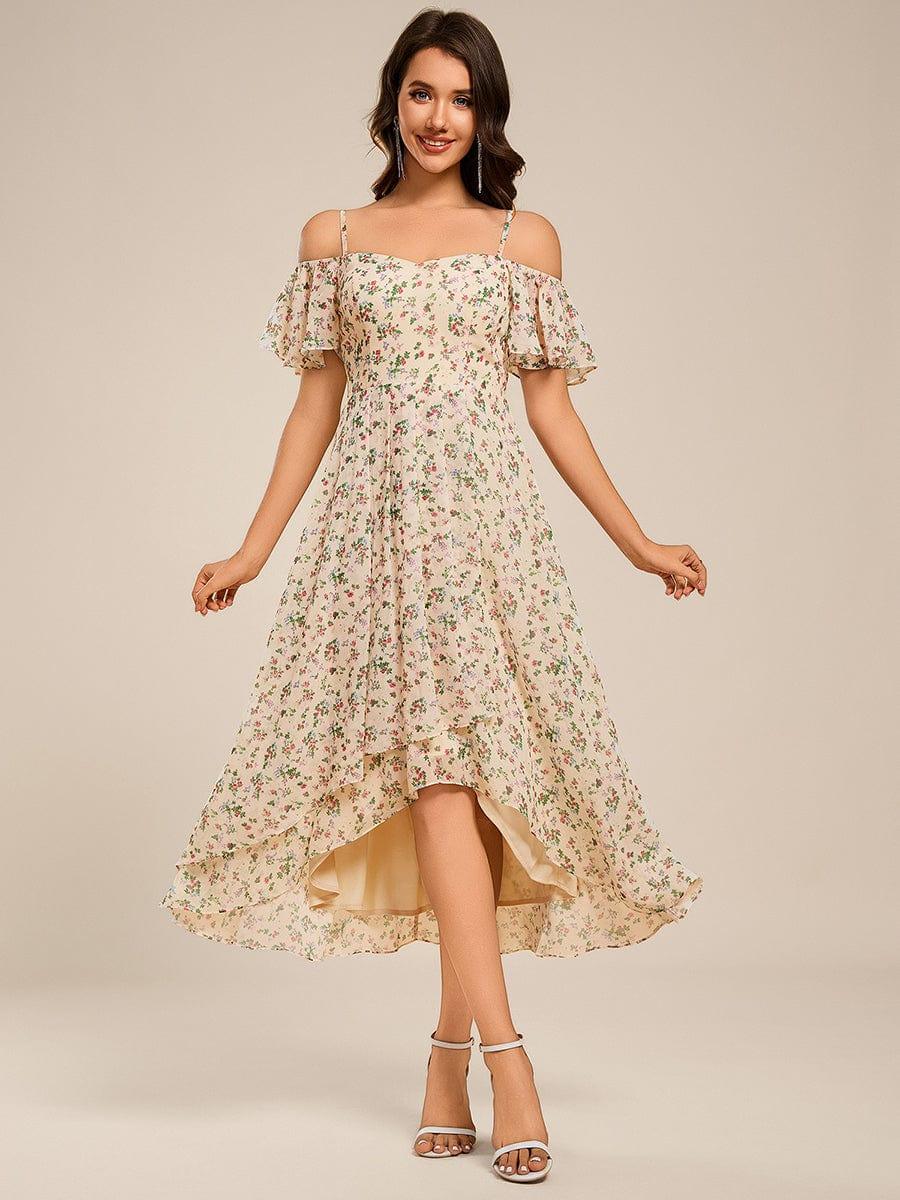 One-Shoulder High-Low Chiffon Bridesmaid Dresses with Short Sleeves #color_Apricot Print