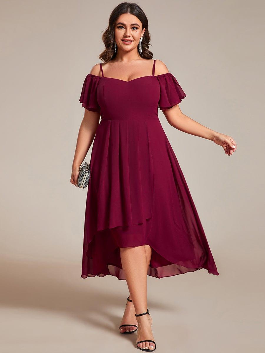 One-Shoulder High-Low Chiffon Bridesmaid Dresses with Short Sleeves #color_Burgundy