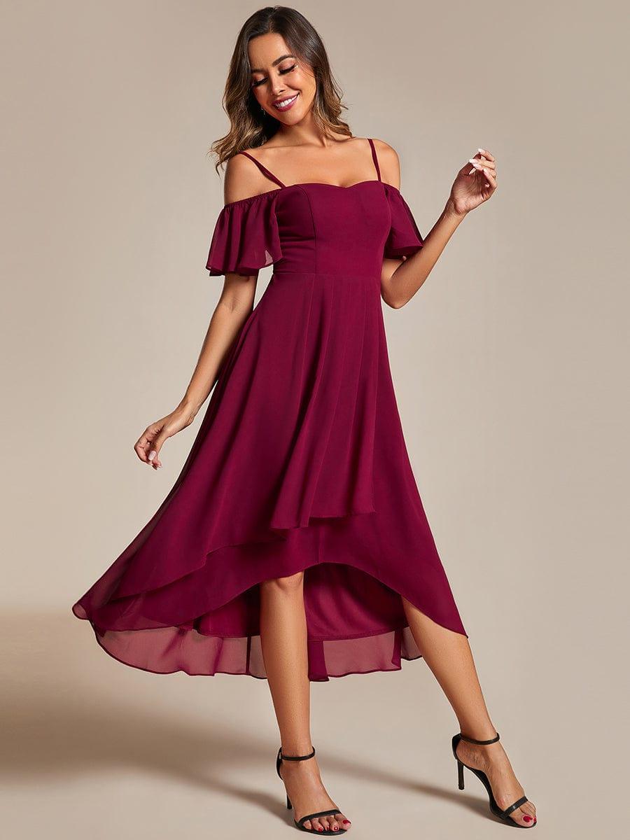 One-Shoulder High-Low Chiffon Bridesmaid Dresses with Short Sleeves #color_Burgundy