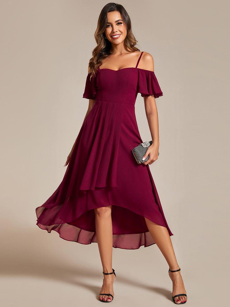 One-Shoulder High-Low Chiffon Bridesmaid Dresses with Short Sleeves #color_Burgundy