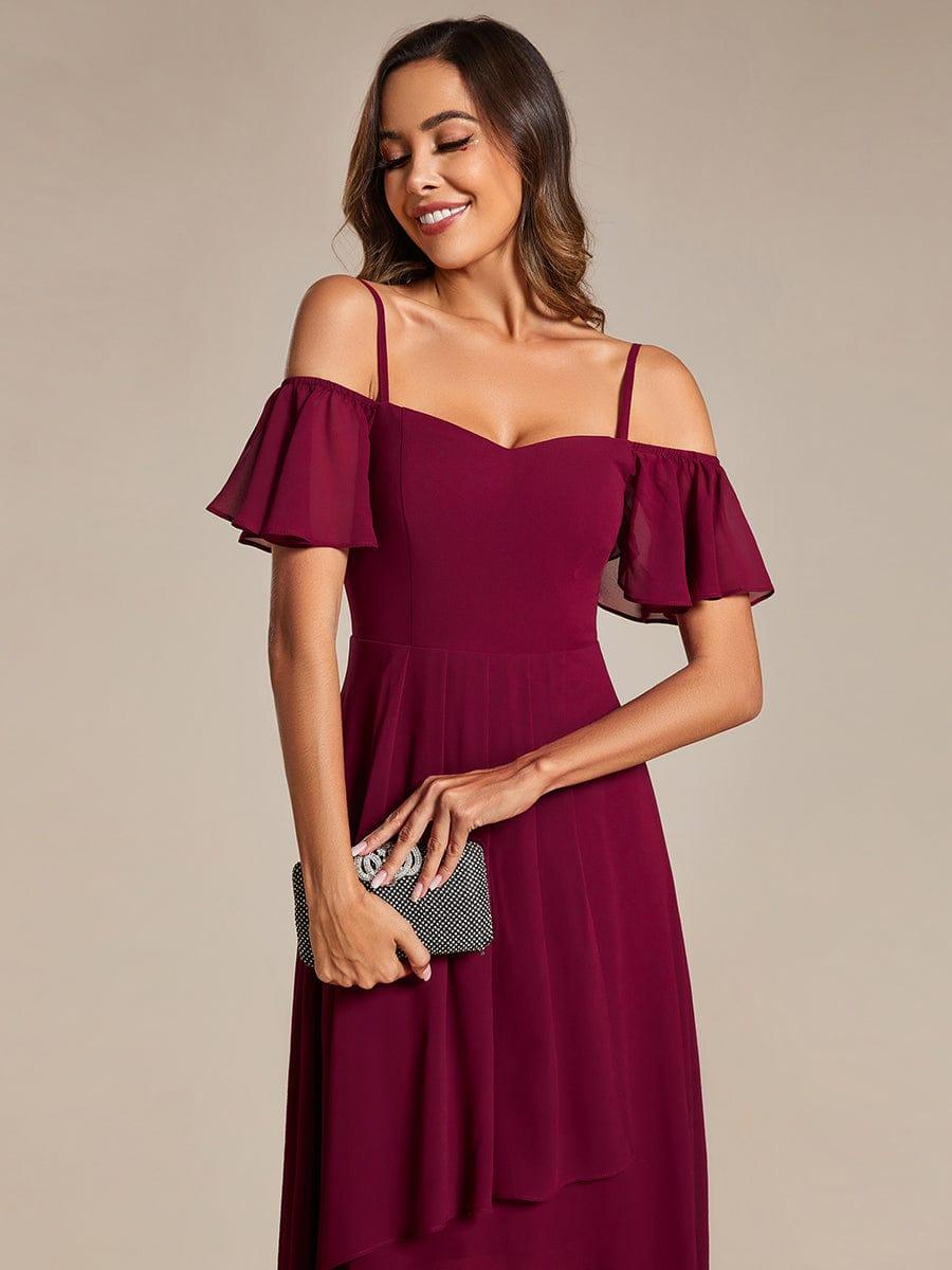 One-Shoulder High-Low Chiffon Bridesmaid Dresses with Short Sleeves #color_Burgundy