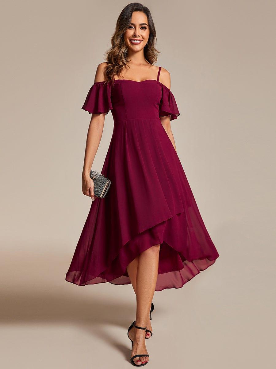 One-Shoulder High-Low Chiffon Bridesmaid Dresses with Short Sleeves #color_Burgundy