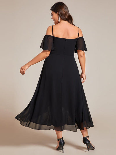 Plus Size One-Shoulder High-Low Chiffon Wedding Guest Dresses with Short Sleeves #color_Black