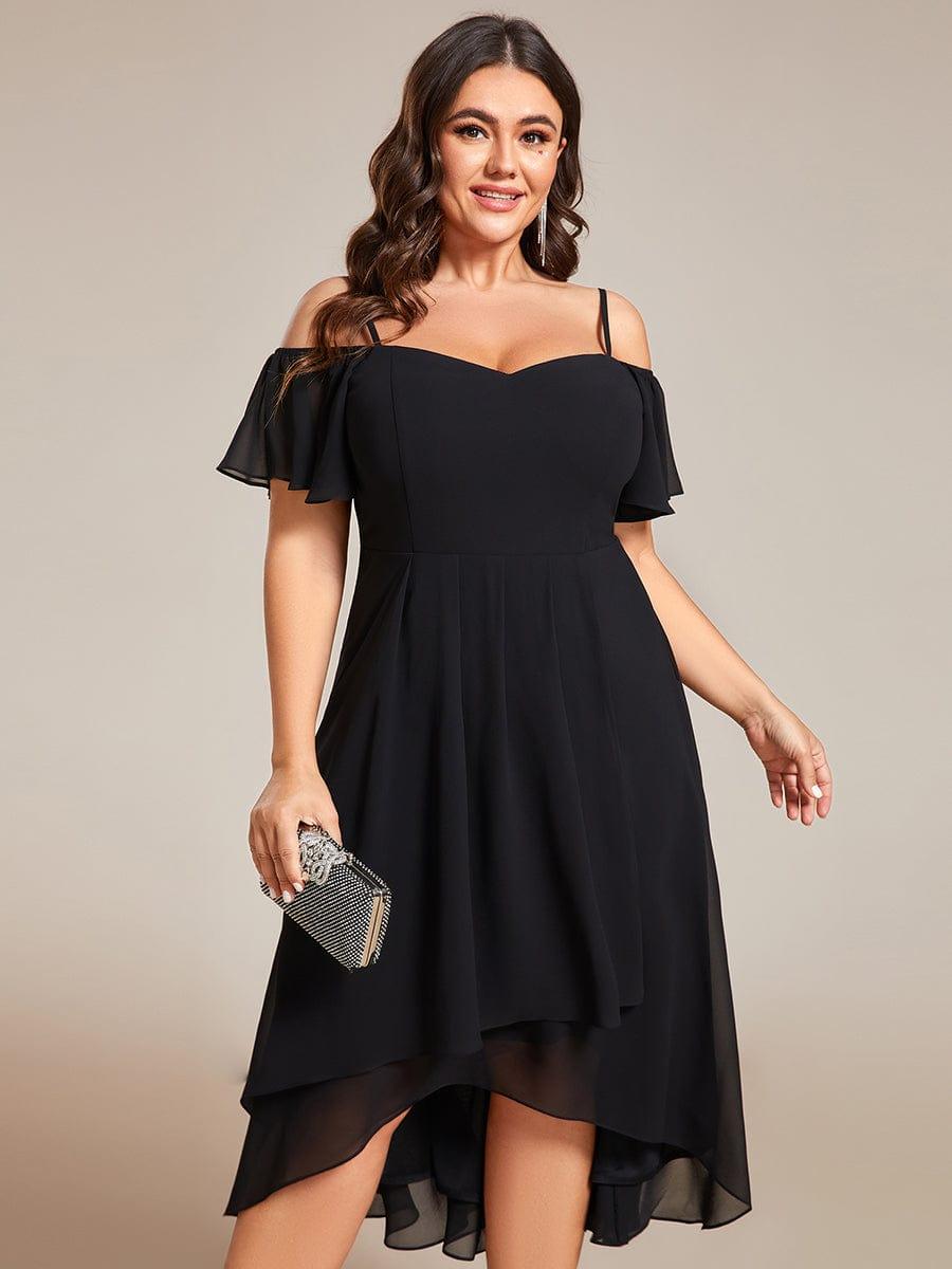 One-Shoulder High-Low Chiffon Bridesmaid Dresses with Short Sleeves #color_Black