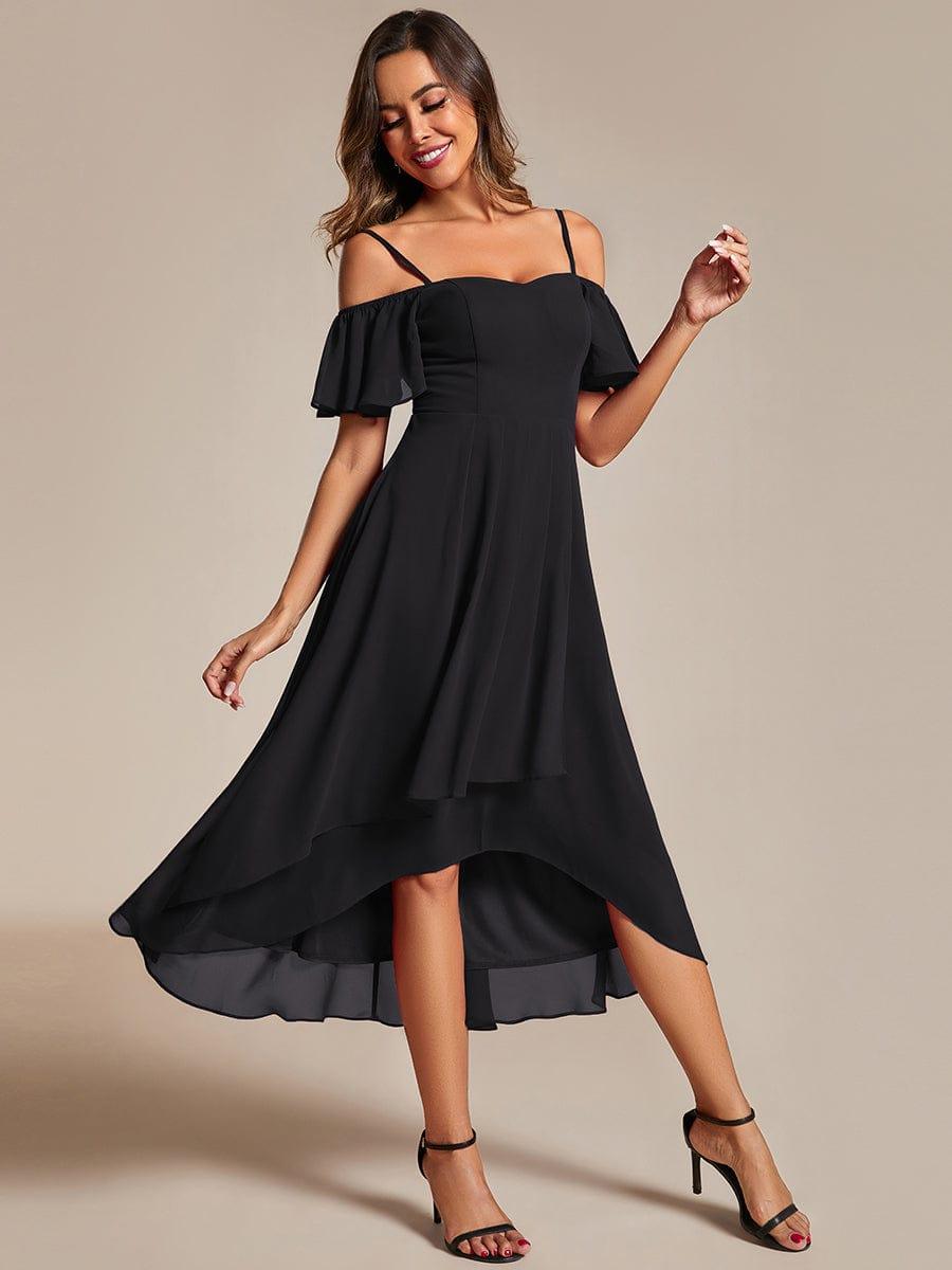 One-Shoulder High-Low Chiffon Bridesmaid Dresses with Short Sleeves #color_Black