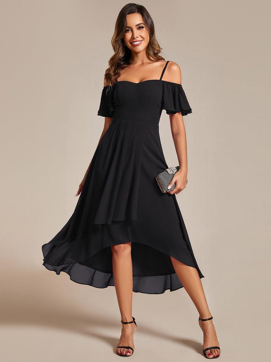 One-Shoulder High-Low Chiffon Bridesmaid Dresses with Short Sleeves #color_Black