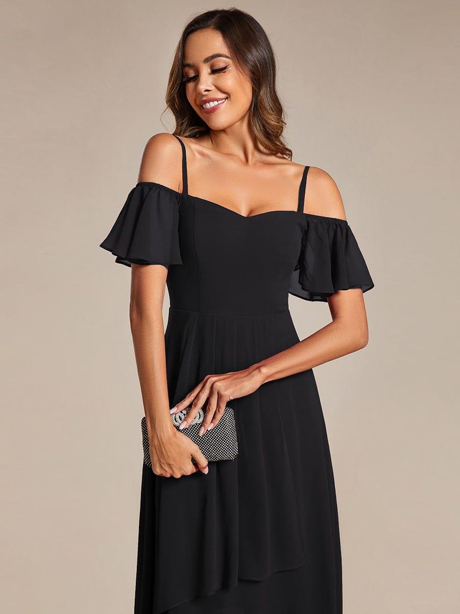 One-Shoulder High-Low Chiffon Bridesmaid Dresses with Short Sleeves #color_Black