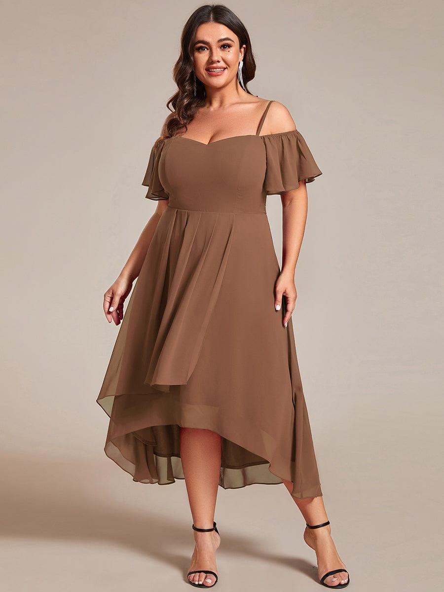 One-Shoulder High-Low Chiffon Bridesmaid Dresses with Short Sleeves #color_Brown