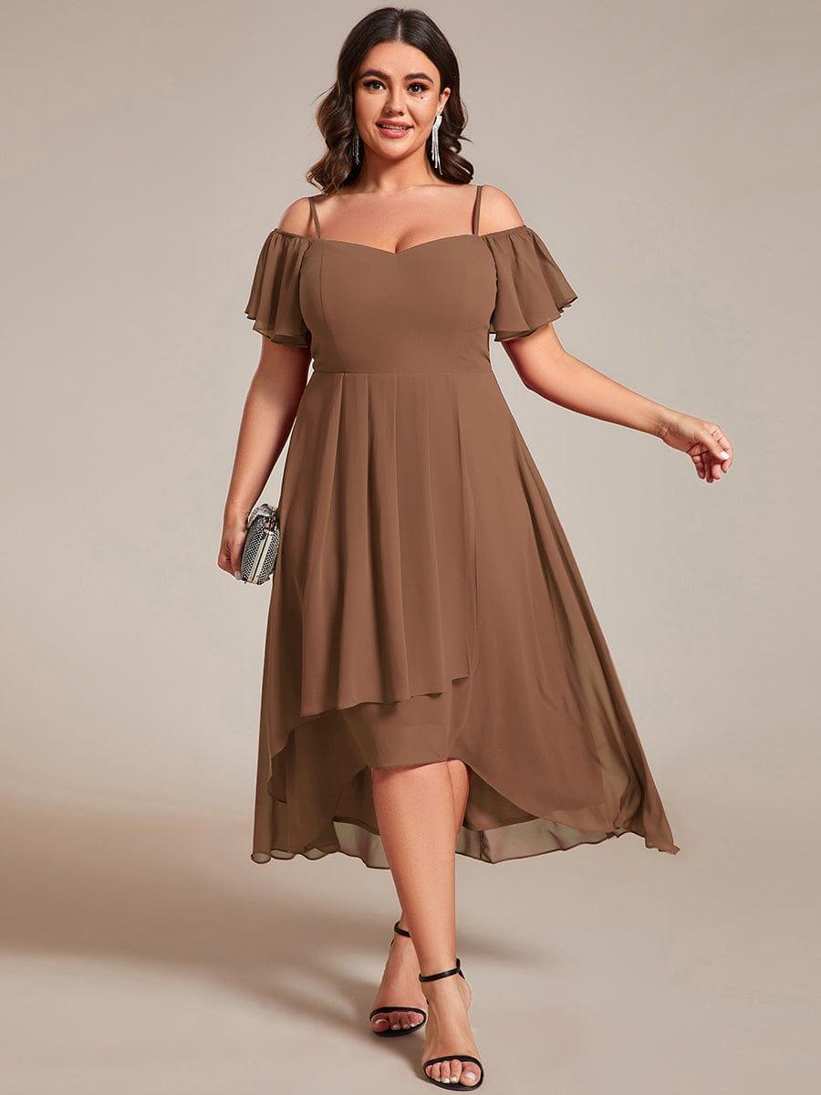 One-Shoulder High-Low Chiffon Bridesmaid Dresses with Short Sleeves #color_Brown