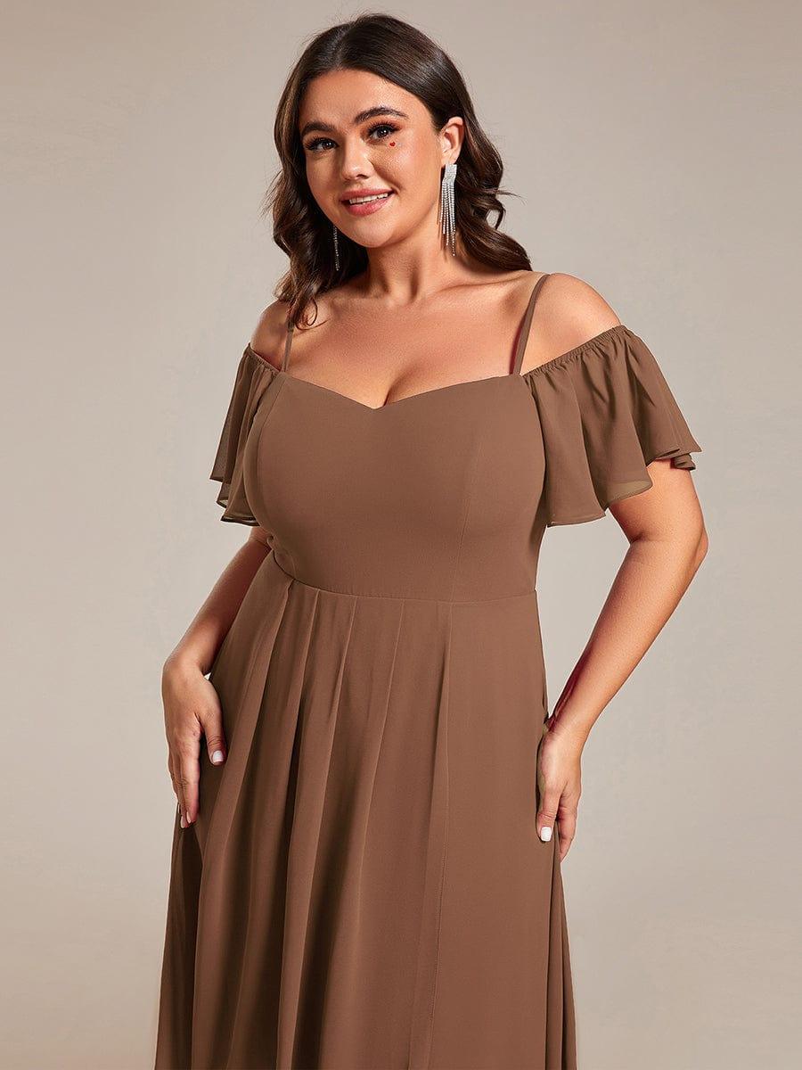 One-Shoulder High-Low Chiffon Bridesmaid Dresses with Short Sleeves #color_Brown