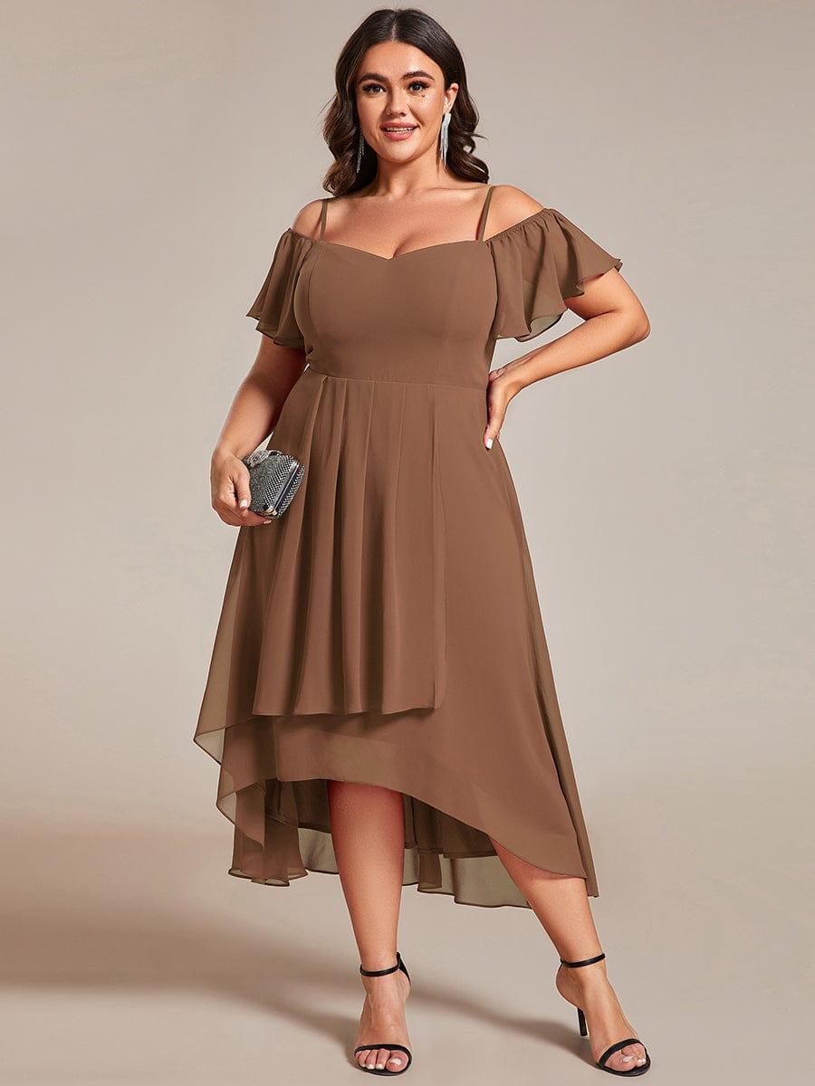 One-Shoulder High-Low Chiffon Bridesmaid Dresses with Short Sleeves #color_Brown