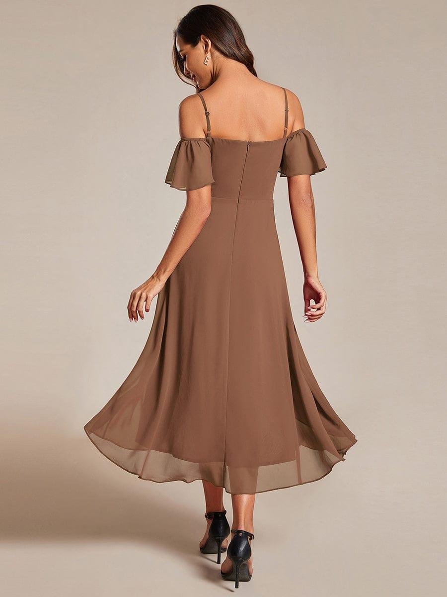 One-Shoulder High-Low Chiffon Bridesmaid Dresses with Short Sleeves #color_Brown