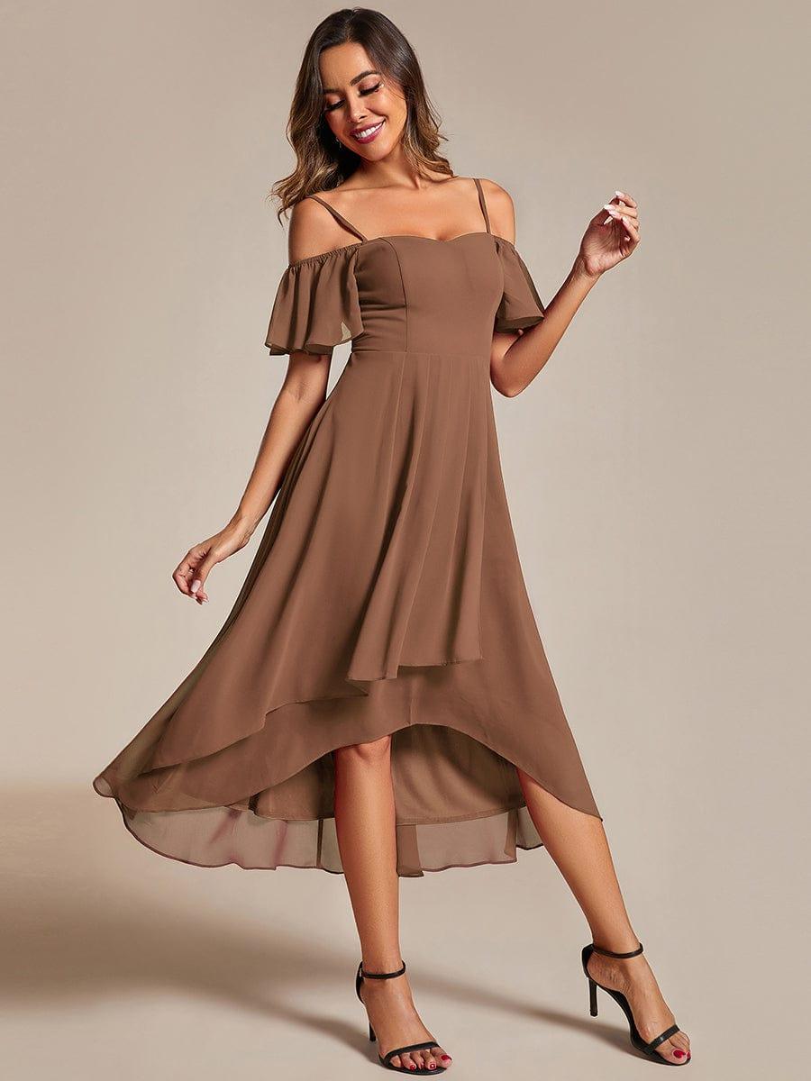 One-Shoulder High-Low Chiffon Wedding Guest Dresses with Short Sleeves #color_Brown