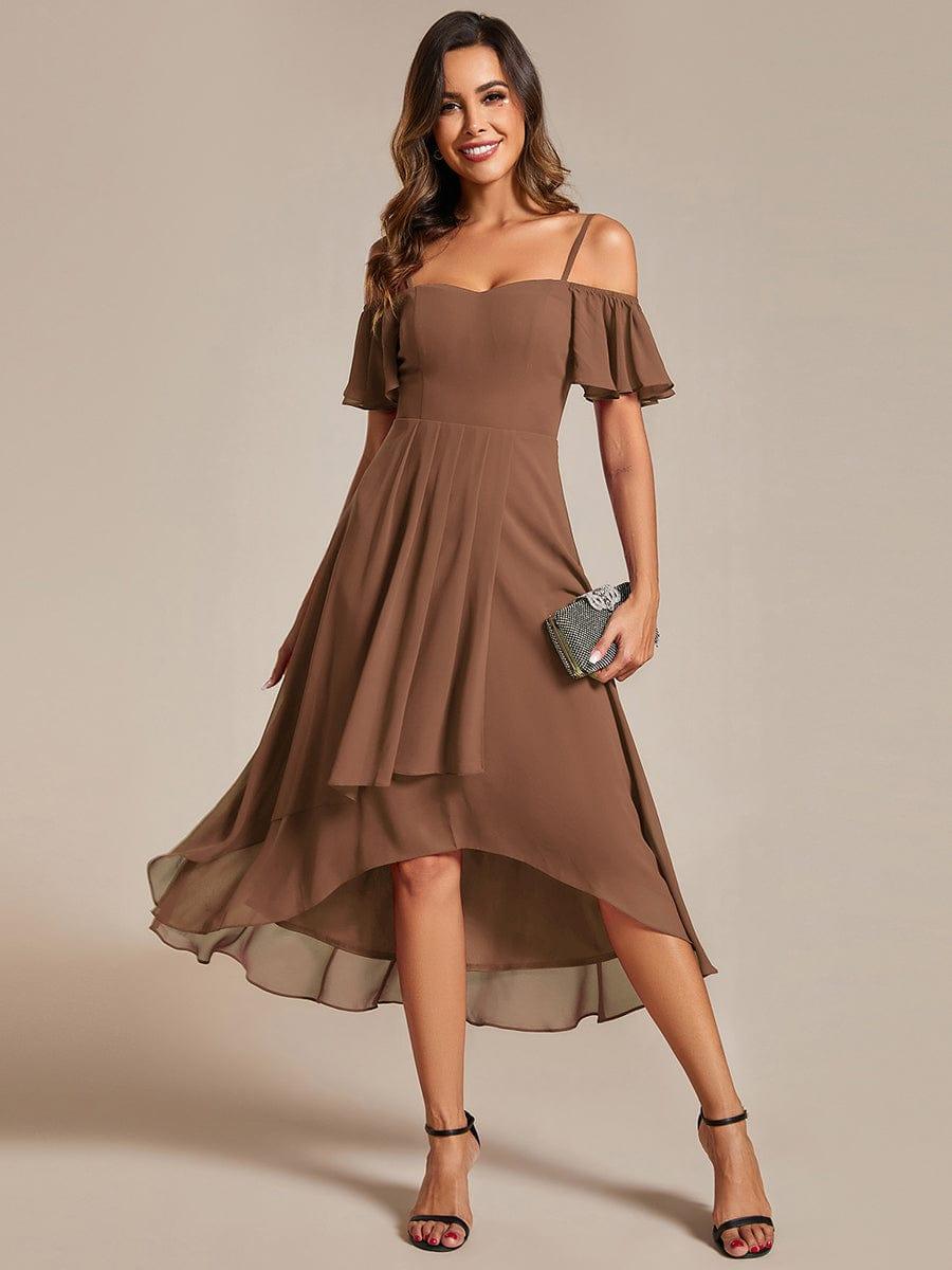 One-Shoulder High-Low Chiffon Bridesmaid Dresses with Short Sleeves #color_Brown