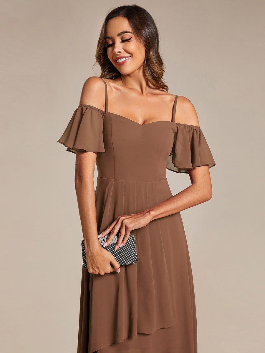 One-Shoulder High-Low Chiffon Bridesmaid Dresses with Short Sleeves #color_Brown