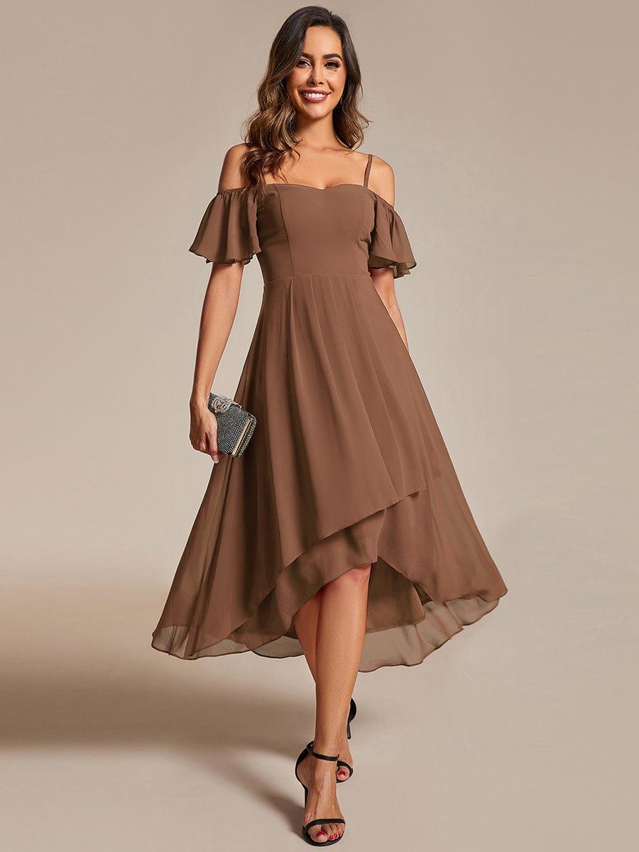 One-Shoulder High-Low Chiffon Bridesmaid Dresses with Short Sleeves #color_Brown