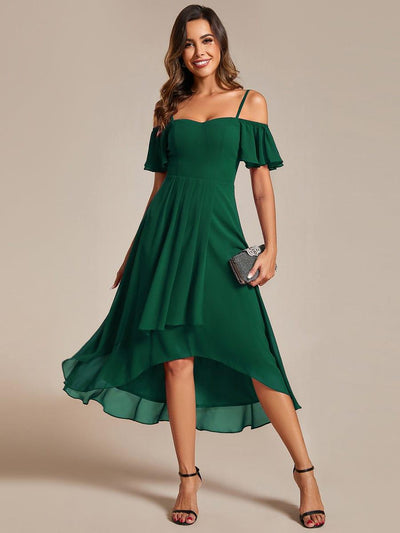 One-Shoulder High-Low Chiffon Bridesmaid Dresses with Short Sleeves #color_Dark Green