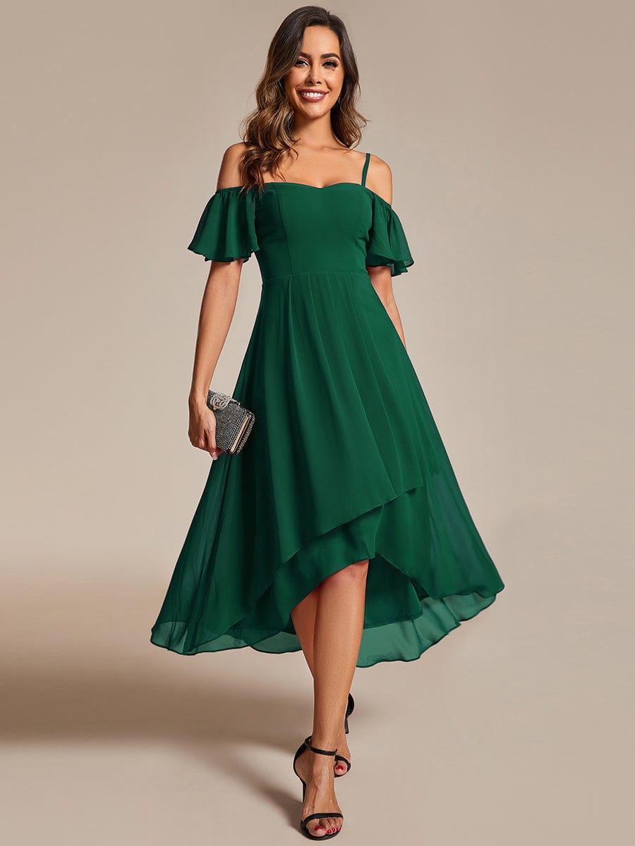 One-Shoulder High-Low Chiffon Bridesmaid Dresses with Short Sleeves #color_Dark Green