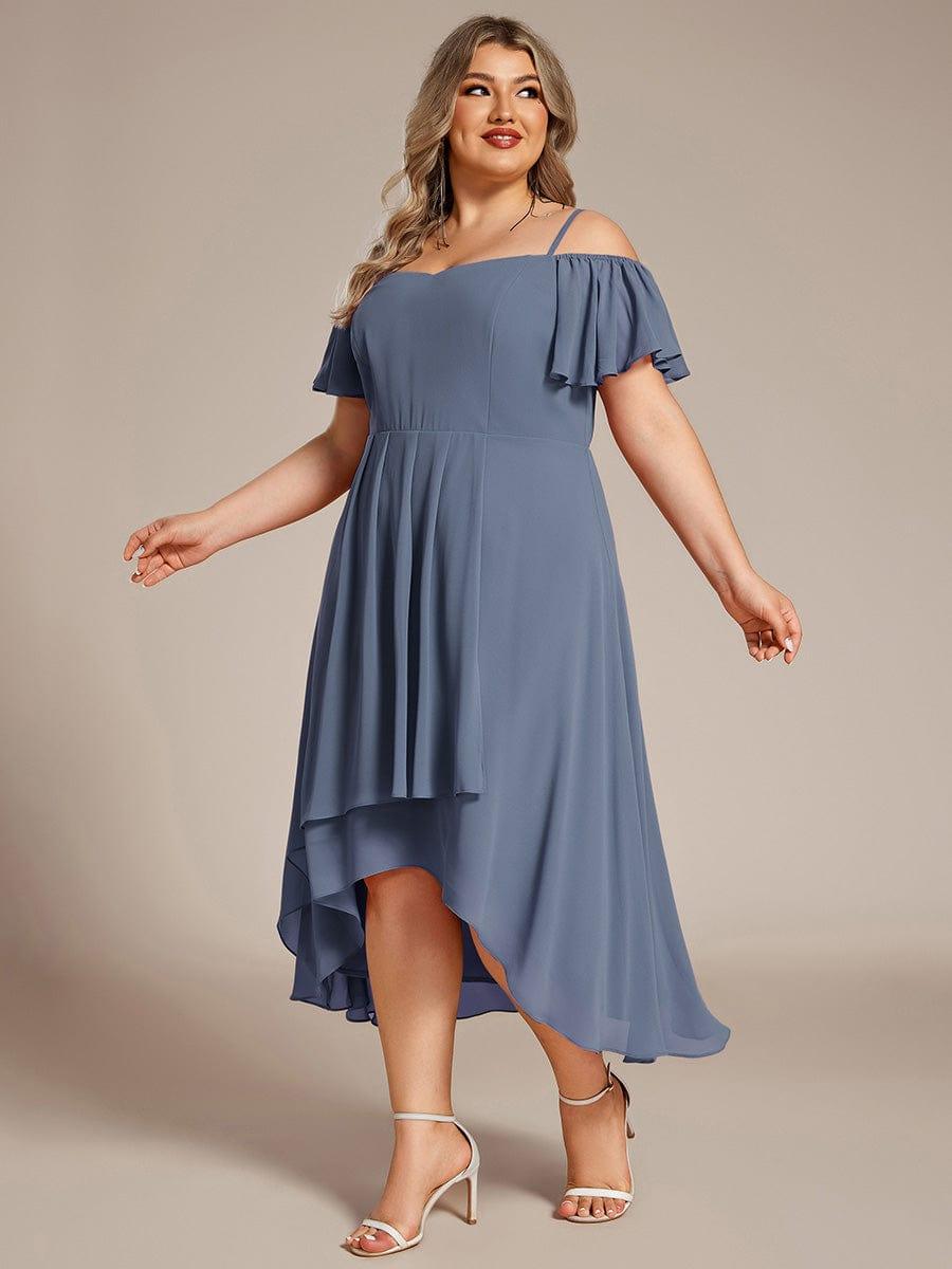 Plus Size One-Shoulder High-Low Chiffon Wedding Guest Dresses with Short Sleeves #color_Dusty Blue