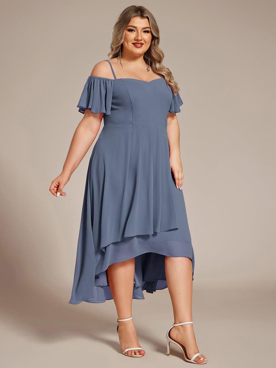 Plus Size One-Shoulder High-Low Chiffon Wedding Guest Dresses with Short Sleeves #color_Dusty Blue