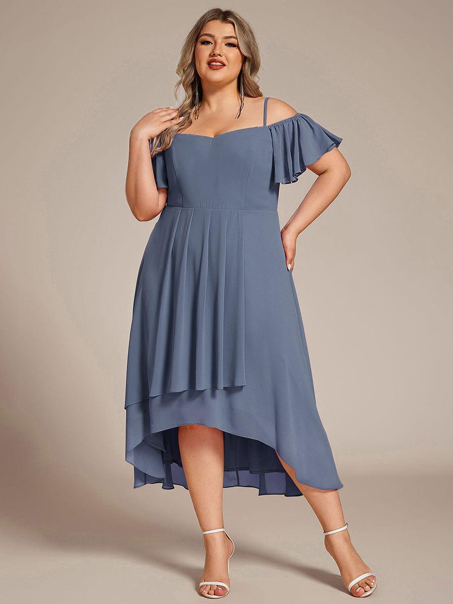 Plus Size One-Shoulder High-Low Chiffon Wedding Guest Dresses with Short Sleeves #color_Dusty Blue