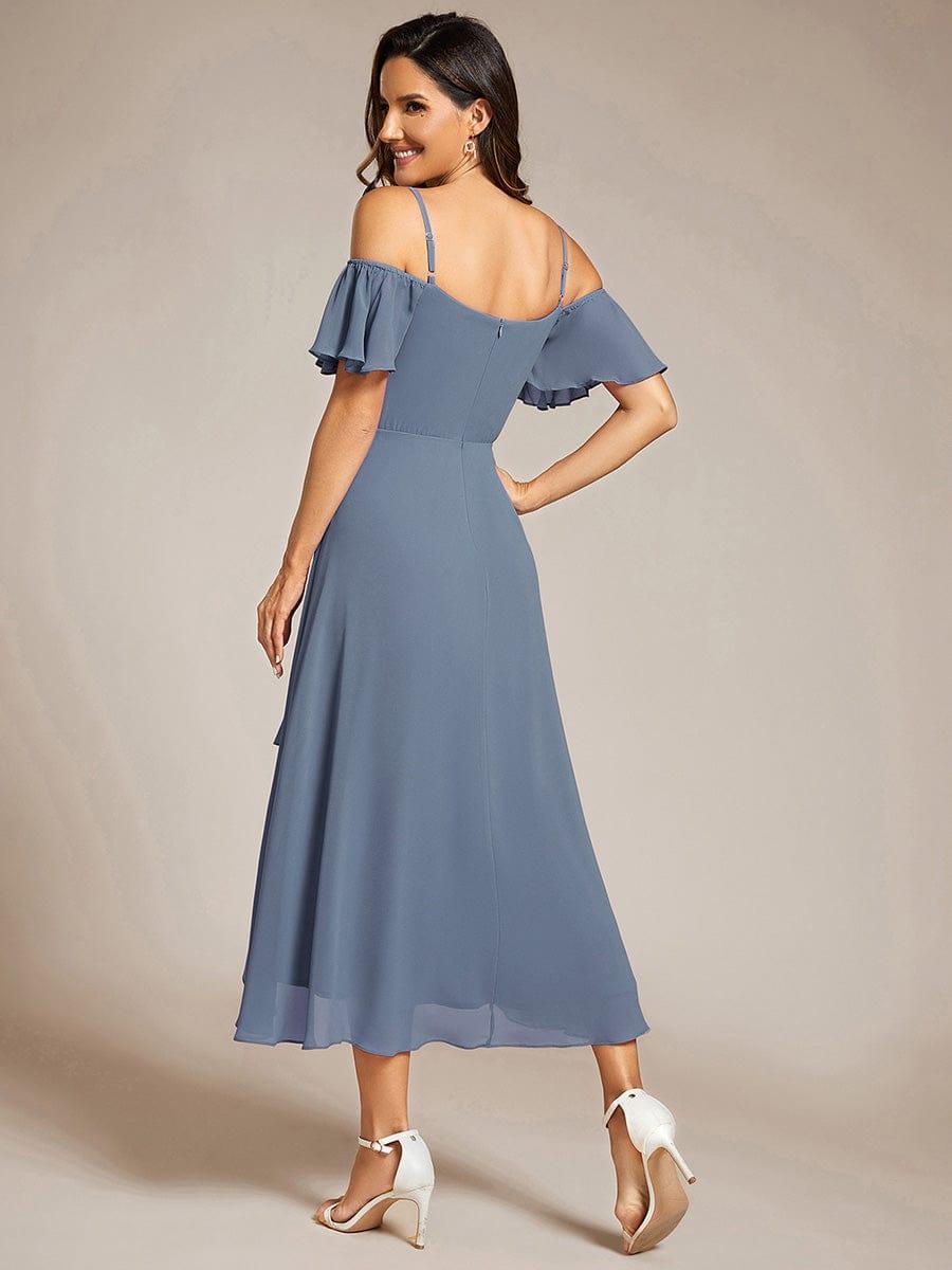 One-Shoulder High-Low Chiffon Wedding Guest Dresses with Short Sleeves #color_Dusty Blue