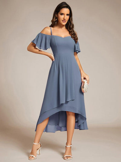 One-Shoulder High-Low Chiffon Wedding Guest Dresses with Short Sleeves #color_Dusty Blue