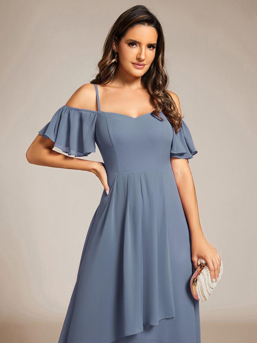 One-Shoulder High-Low Chiffon Wedding Guest Dresses with Short Sleeves #color_Dusty Blue