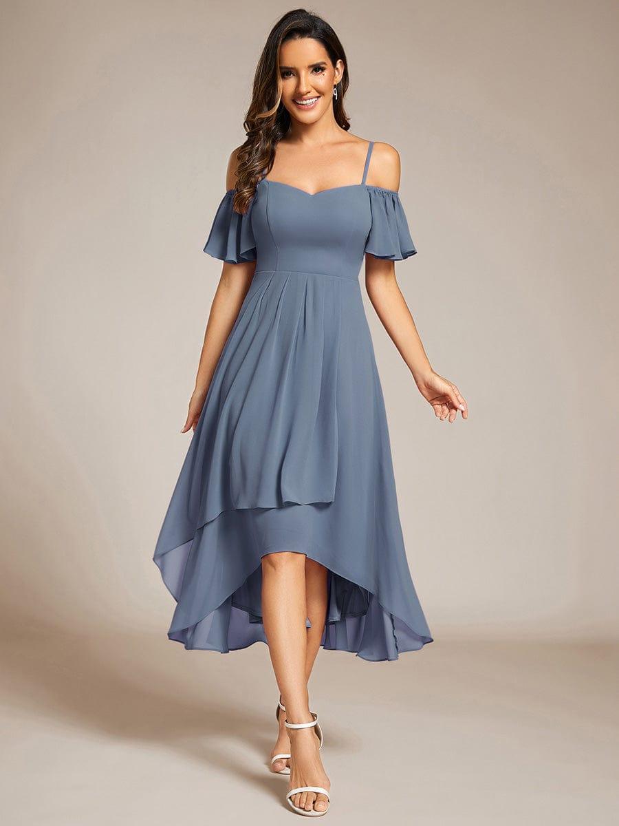 One-Shoulder High-Low Chiffon Wedding Guest Dresses with Short Sleeves #color_Dusty Blue