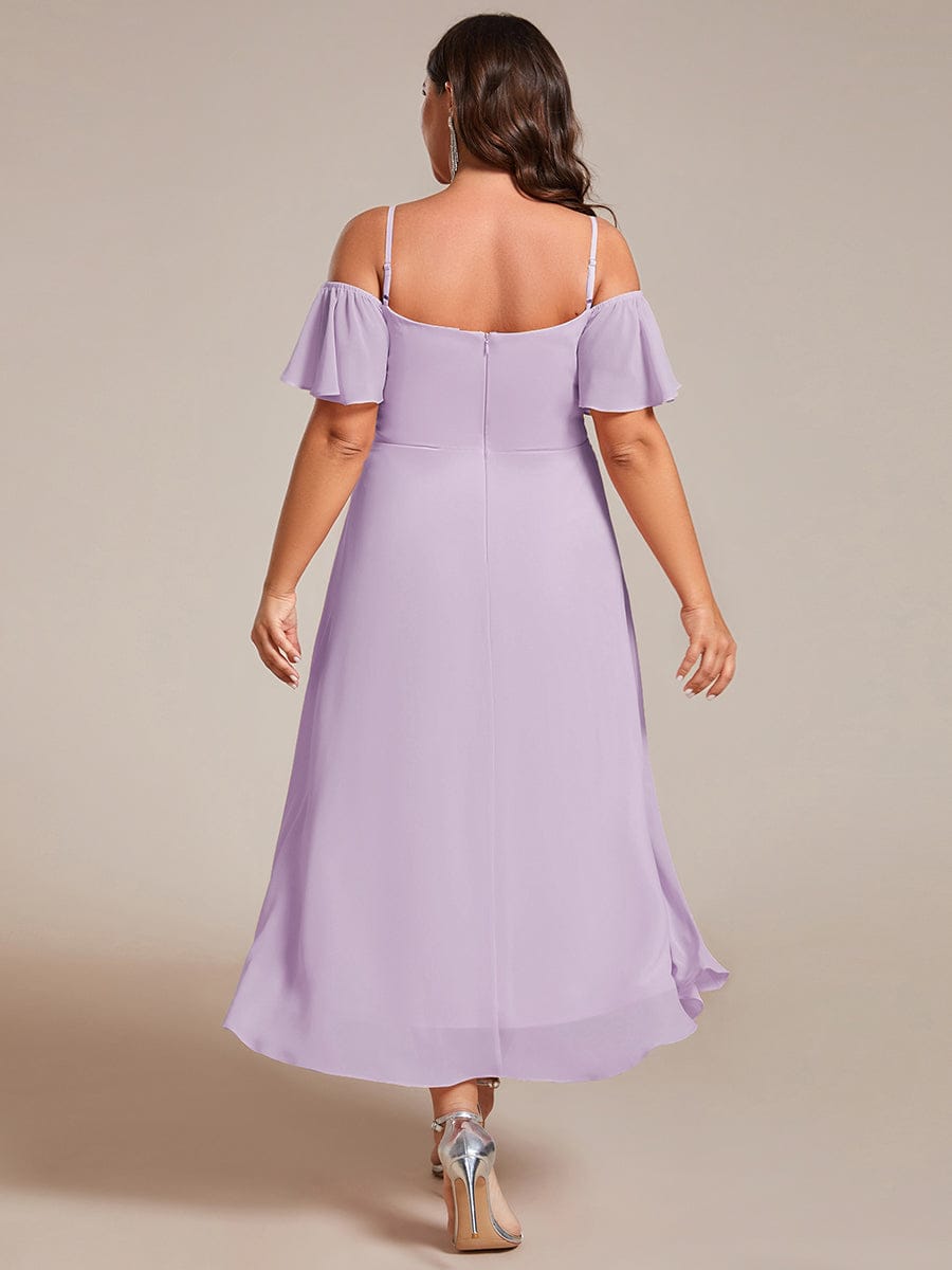 Off-Shoulder High-Low Chiffon Midi Dress with Short Sleeves in Pink #color_Frosted Lilac