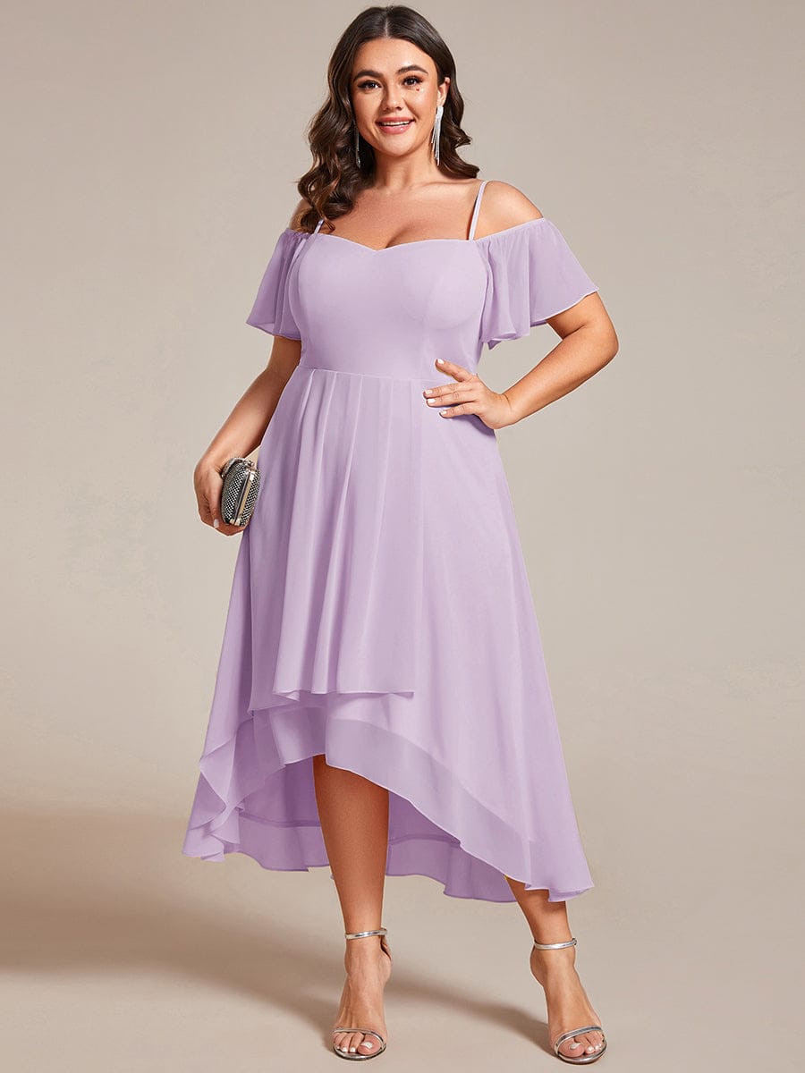 One-Shoulder High-Low Chiffon Wedding Guest Dresses with Short Sleeves #color_Frosted Lilac