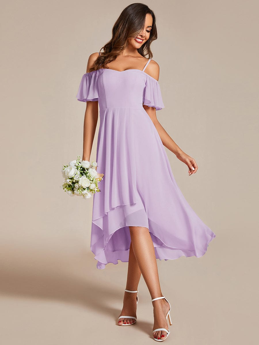 Off-Shoulder High-Low Chiffon Midi Dress with Short Sleeves in Pink #color_Frosted Lilac