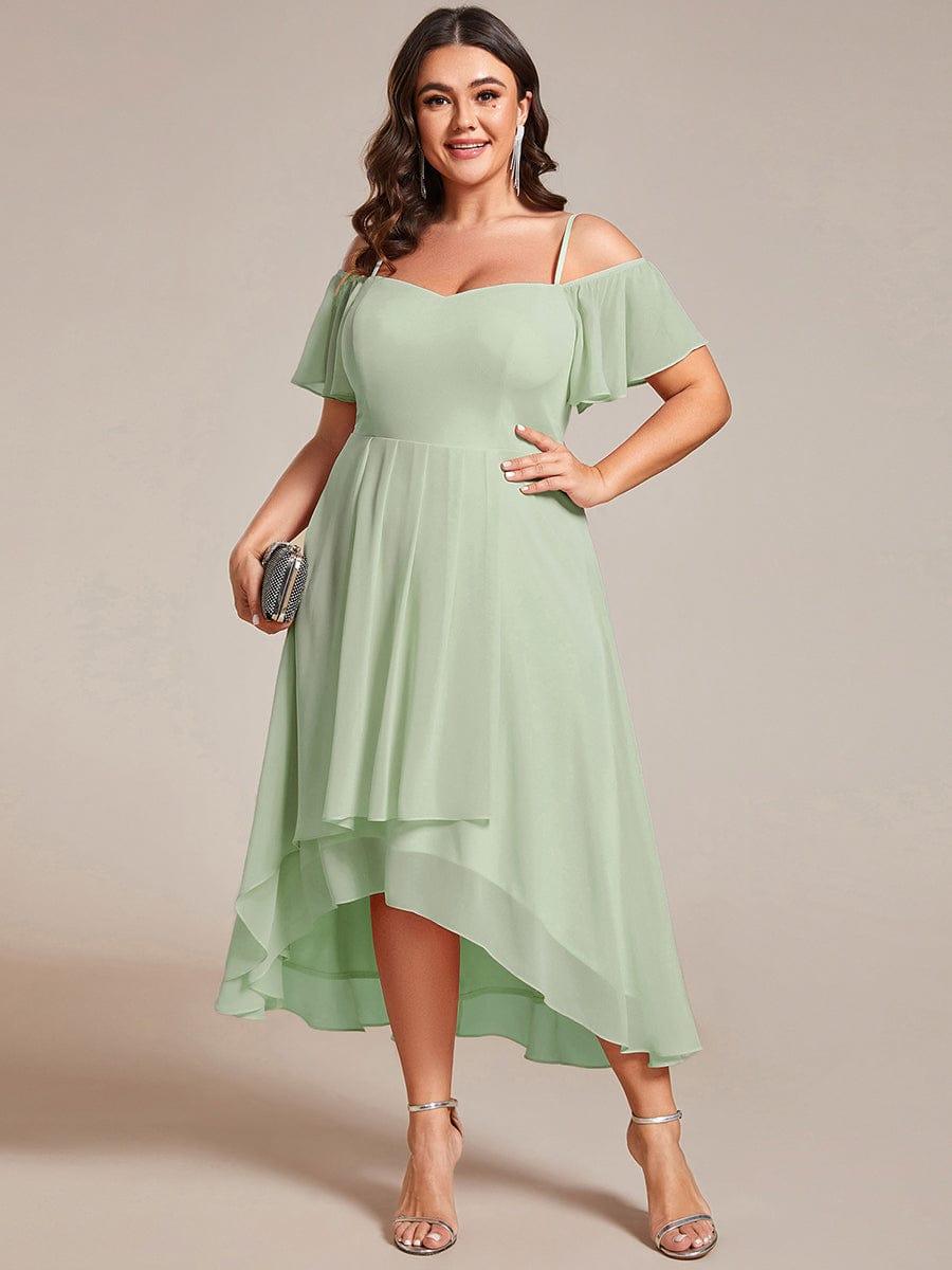 One-Shoulder High-Low Chiffon Bridesmaid Dresses with Short Sleeves #color_Mint Green