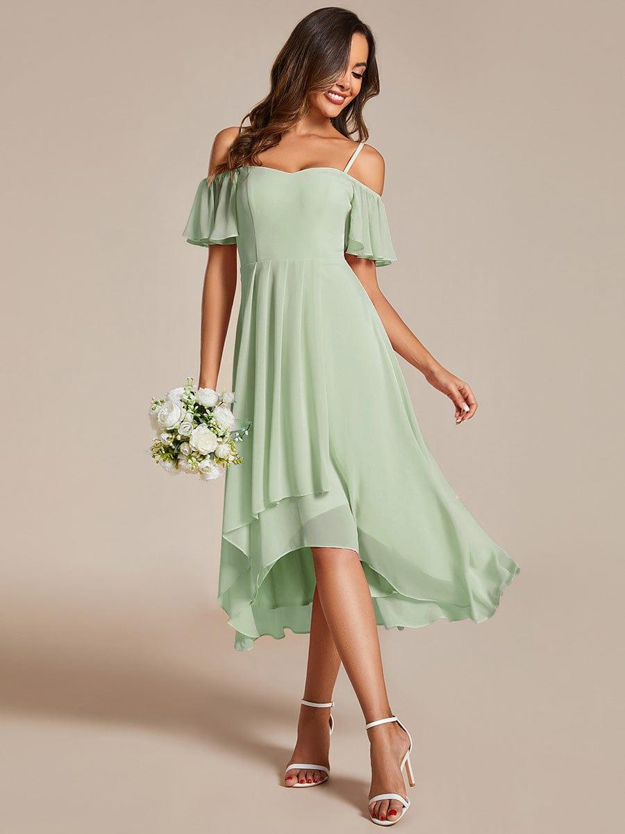One-Shoulder High-Low Chiffon Bridesmaid Dresses with Short Sleeves #color_Mint Green