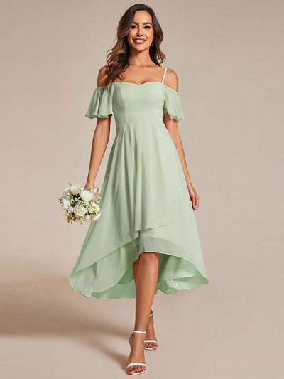 One-Shoulder High-Low Chiffon Bridesmaid Dresses with Short Sleeves #color_Mint Green
