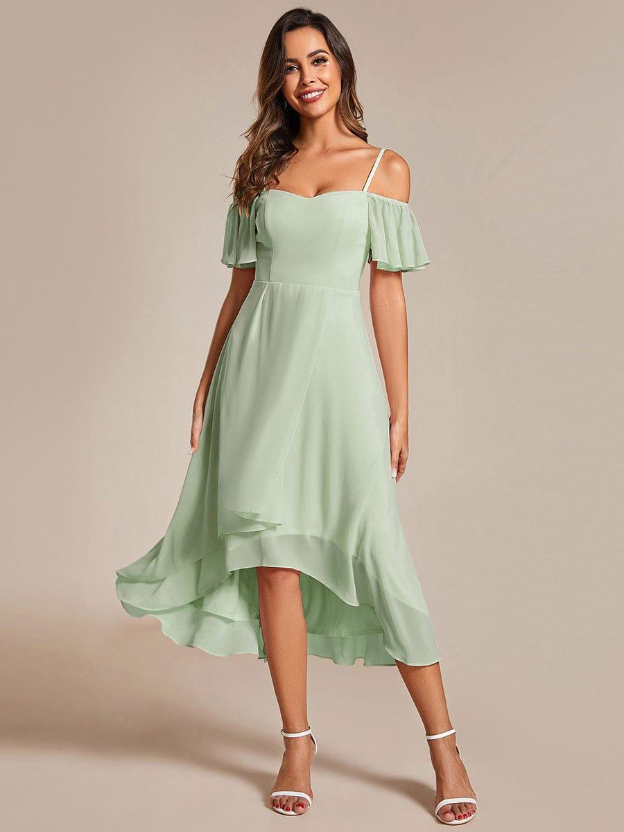 One-Shoulder High-Low Chiffon Bridesmaid Dresses with Short Sleeves #color_Mint Green